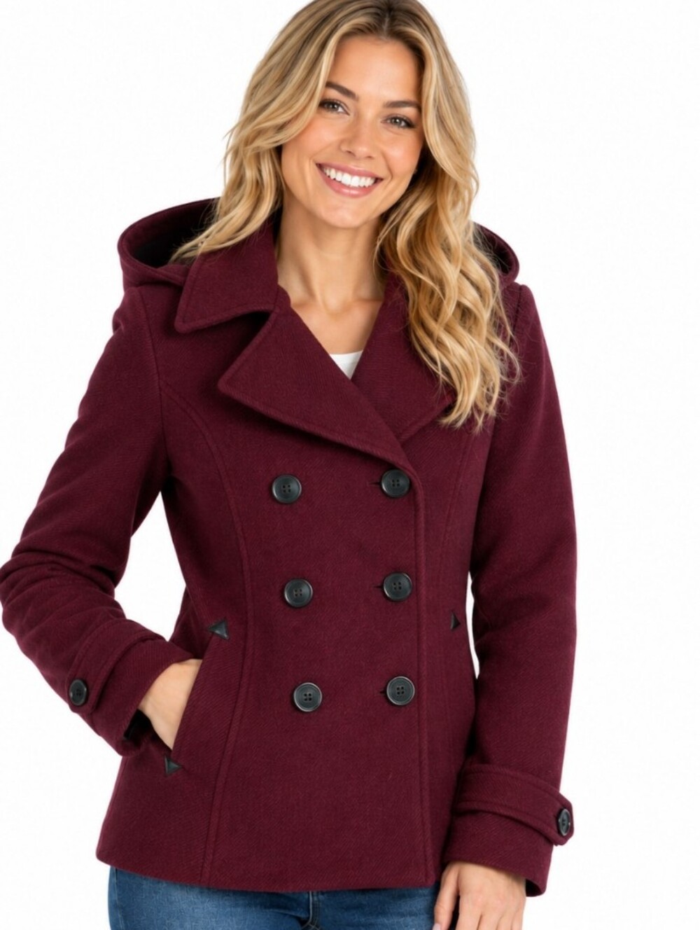 Liverpool Co Cotton Blend Women Burgundy Double-Breasted Hooded Peacoat (size:s)